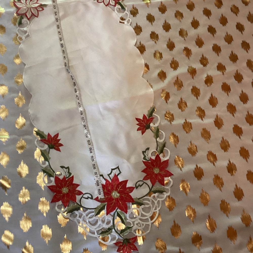 Kurt Adler Red Poinsettia Embroidered Holiday Table Runner with Gold Accents